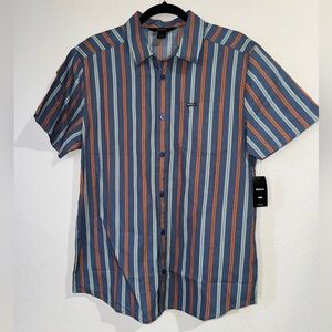 RVCA Men's Casual Blue and Orange Striped Shirt